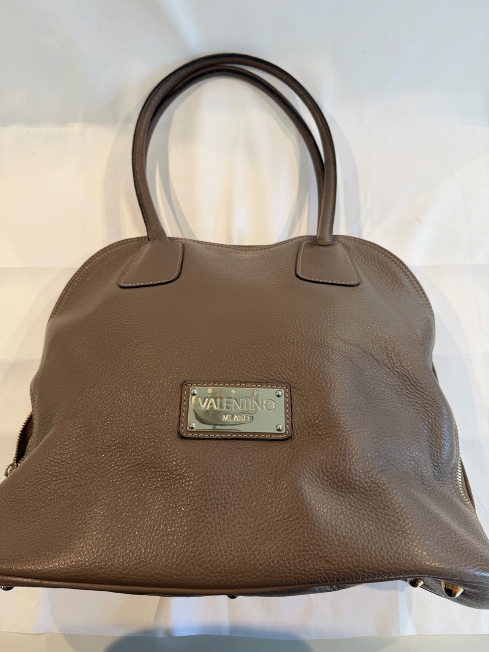 Valentino Taupe Pebbled Leather Tote with Logo Plaque